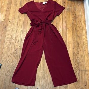 Women's Burgundy Short-Sleeve Wide-Leg Jumpsuit with Tie Waist